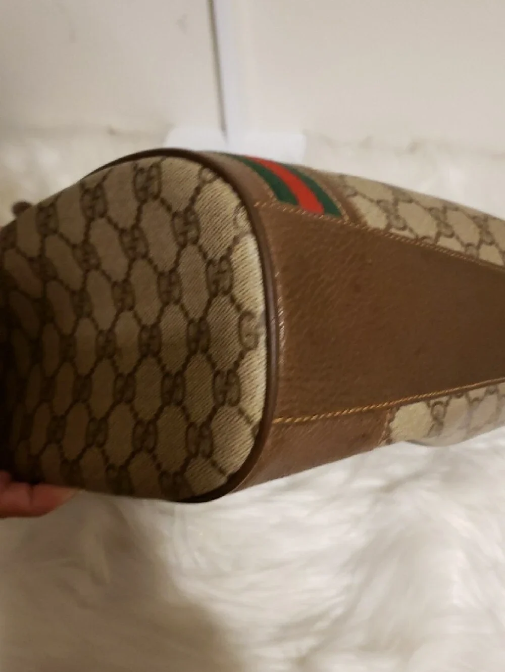 Gucci Beige Monogram Canvas Bucket Bag with Green-Red Stripe - Picture 9 of 16